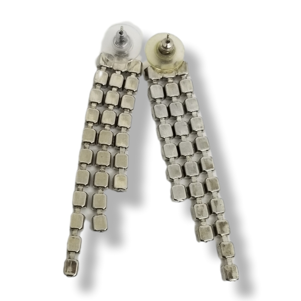 VINTAGE SILVERTONE & GLASS RHINESTONE DROP STATEMENT EARRINGS - Picture 5 of 5
